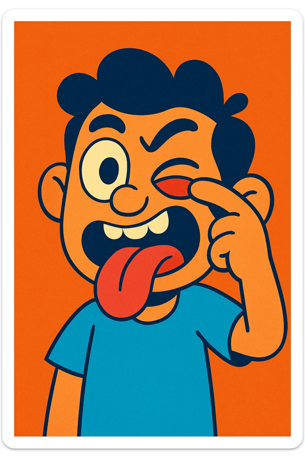 cartoonish character making a silly face with one eye wide, the other eyelid pulled down, tongue sticking out, vibrant toon style sticker