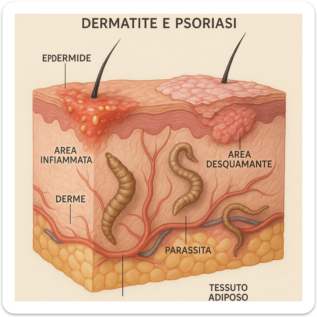 realistic medical illustration of skin cross-section showing parasites causing dermatitis and psoriasis, visible inflamed and scaly areas, educational and respectful style, Italian labels, no explicit details sticker