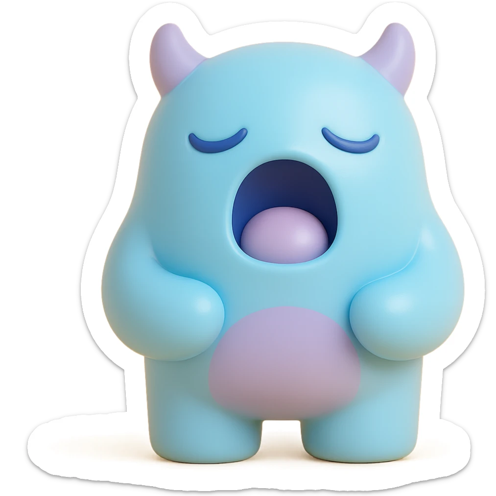sleepy monster with half-closed eyes yawning, soft blue and lavender colors, toy-like vinyl figure style sticker