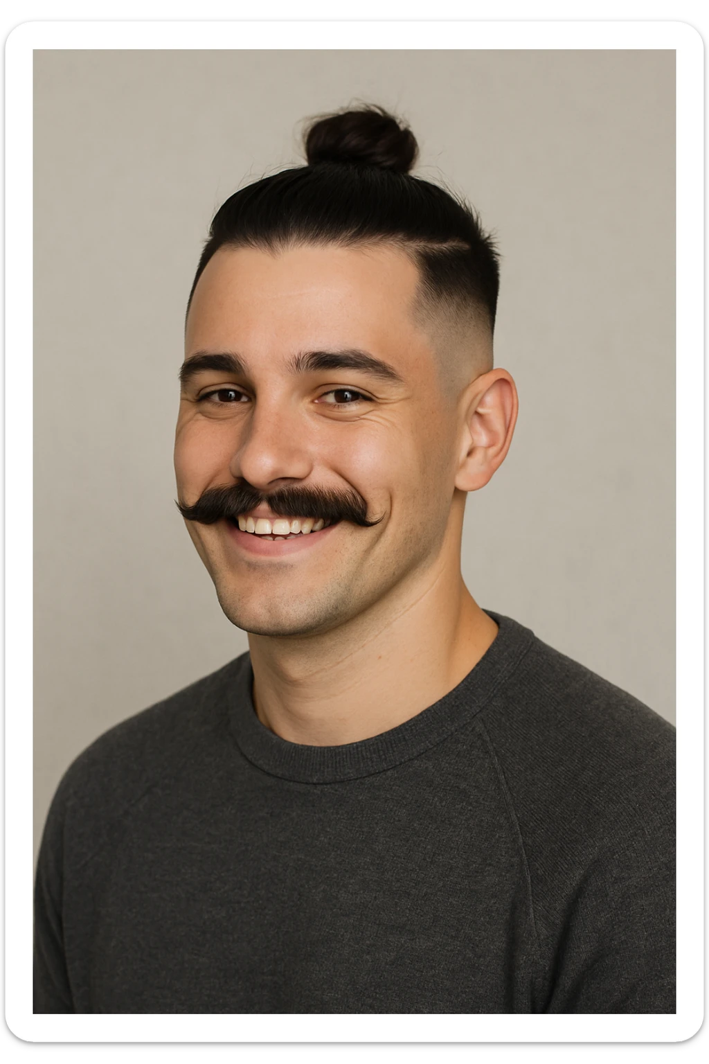 guy with a moustache and a man bun, low taper fade haircut, smiling, neutral background sticker