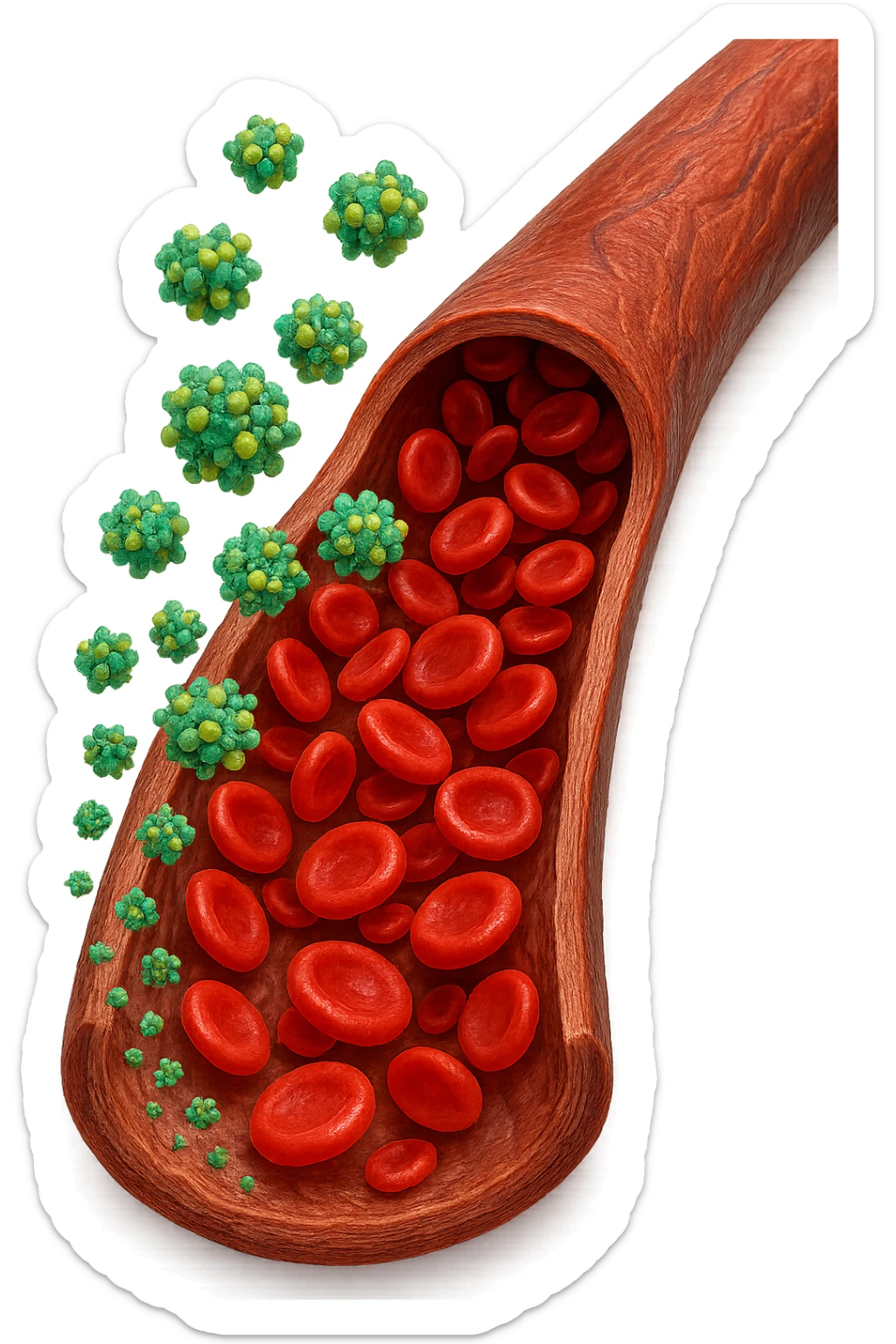 tossine che entrano in una vena umana anatomica realistica, vista dall'alto, iperrealistica 4k sticker
