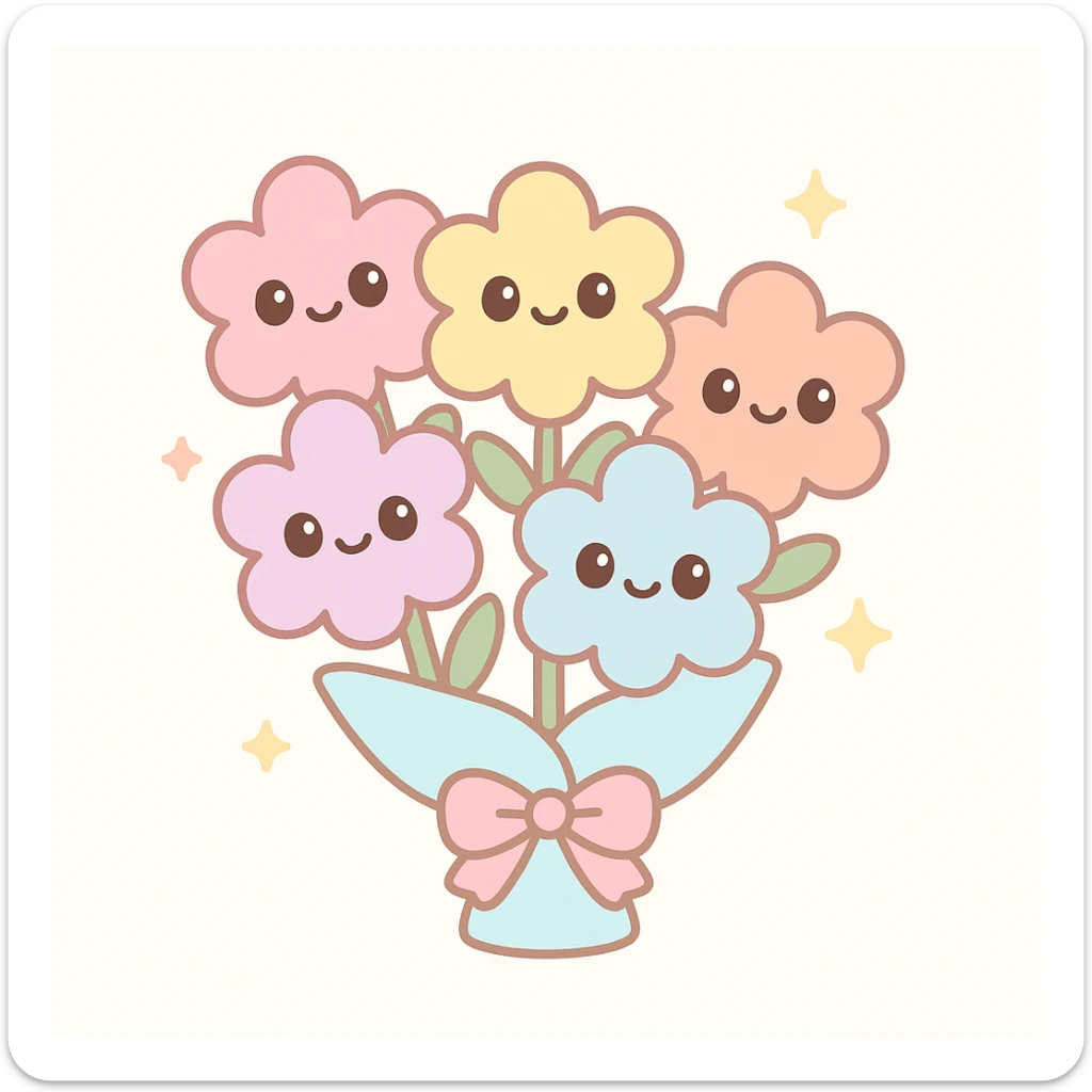 kawaii style bouquet with smiling flowers, pastel colors, cute and cheerful sticker