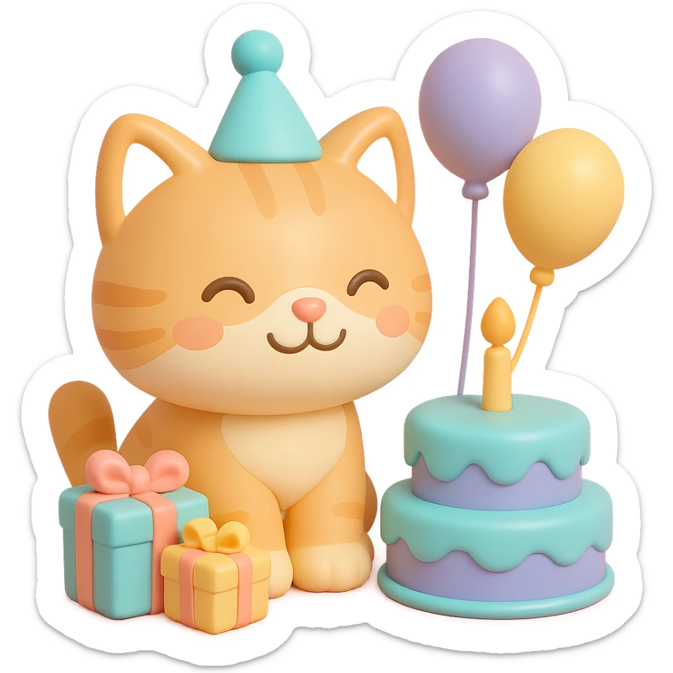 ginger tabby kitten sitting next to a stack of gifts, wearing a party hat, birthday cake and balloons around, cheerful sticker