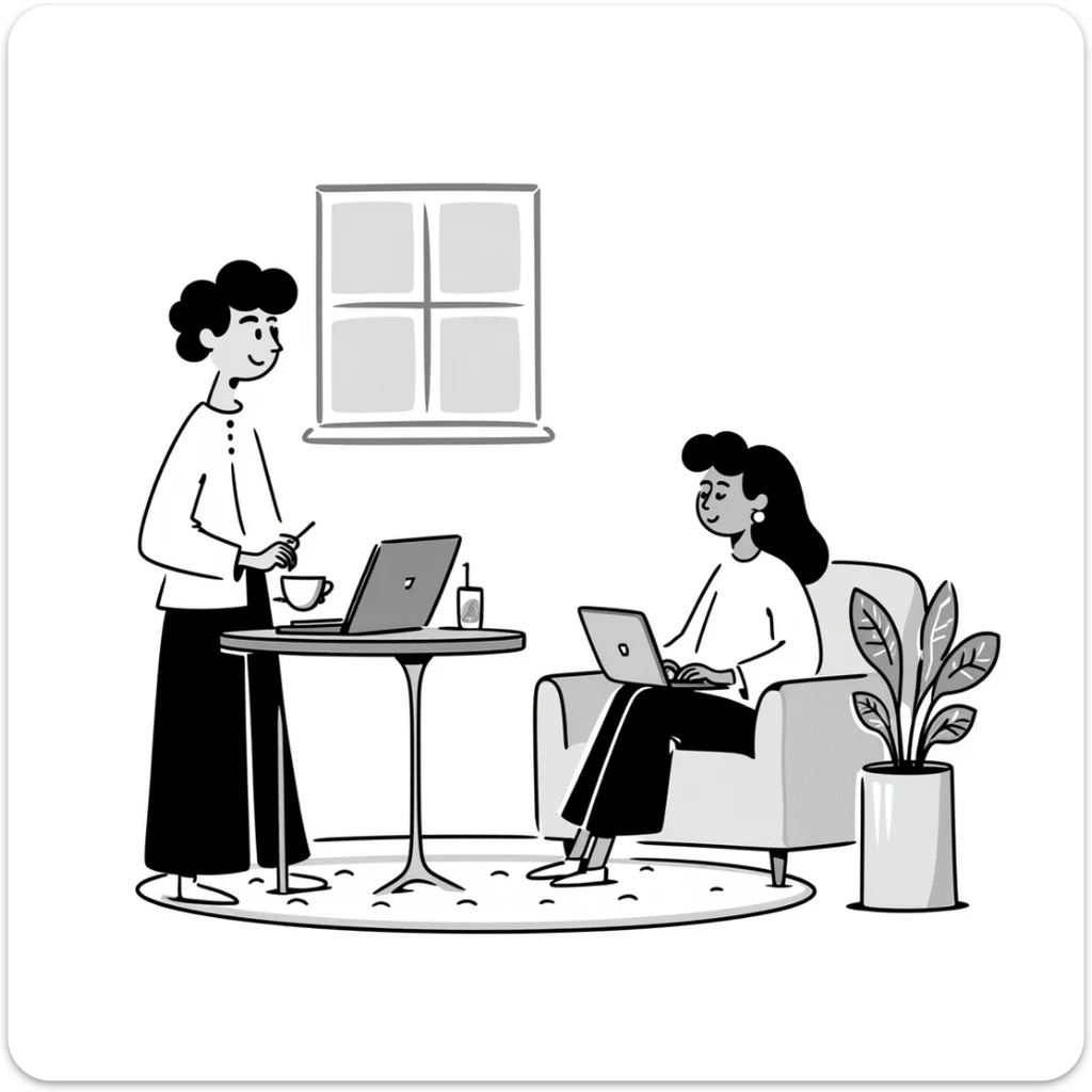 escenary 3d of a cozy mid-century living room with two people working on laptops, one man standing at a desk, and one woman sitting on a couch sticker