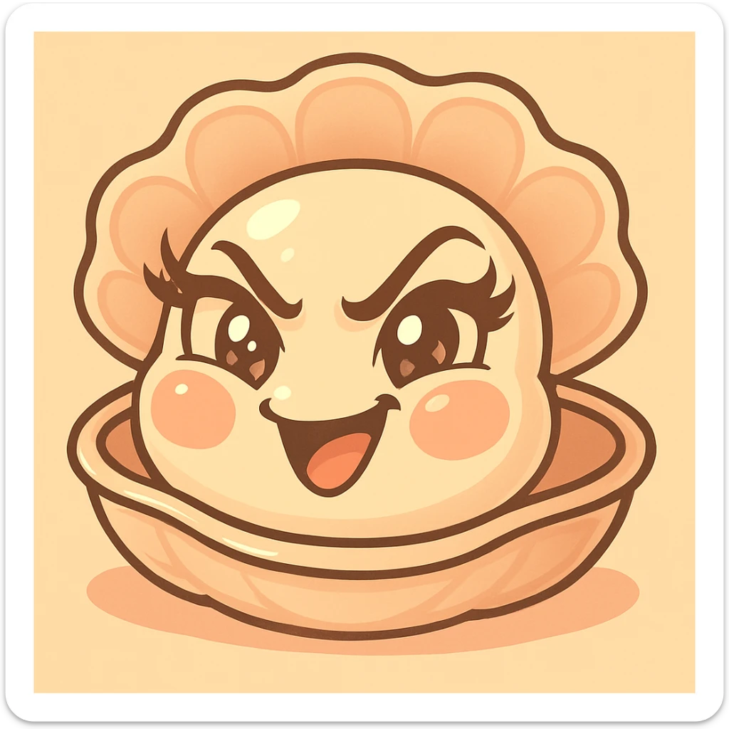 Enhance the contrasts of the image further while maintaining the very mischievous expression, very expressive and luminous eyes, elegant eyelashes, and the pastel toon style. Accentuate the pastel, pearly, cream, peach, and greige nuances strongly. Keep the big shell, the small oyster, and the background as is. sticker