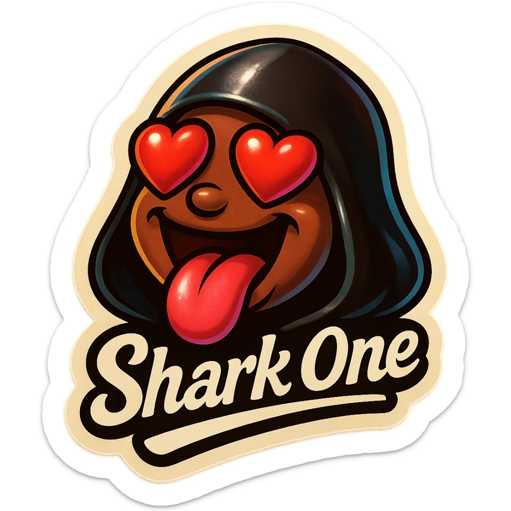 mouth open with tongue out
heart shaped eye
add the words “ Shark One " in White sticker