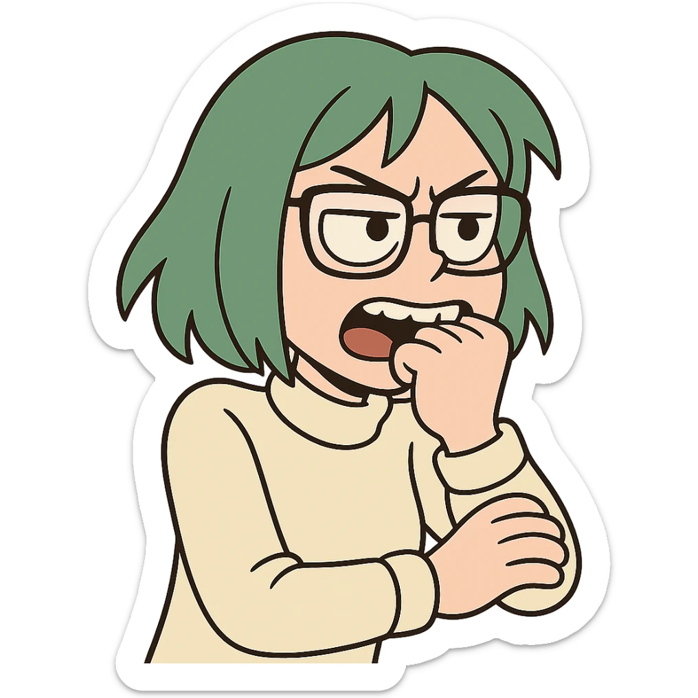Seele with green hair and glasses biting, flat toon style sticker