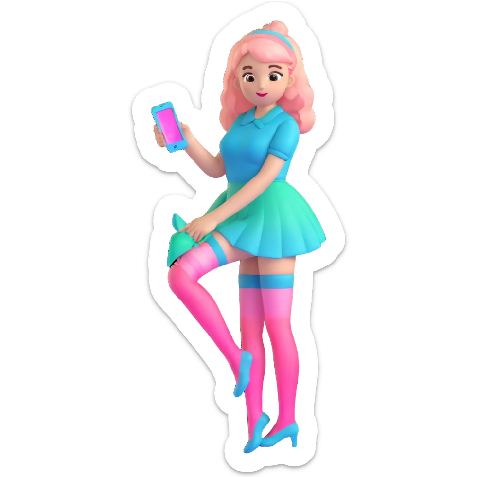 Cute girl character in stockings adjusting fashion accessory, pink gradient from bright pink to light pink, transparent glass style with highlights sticker