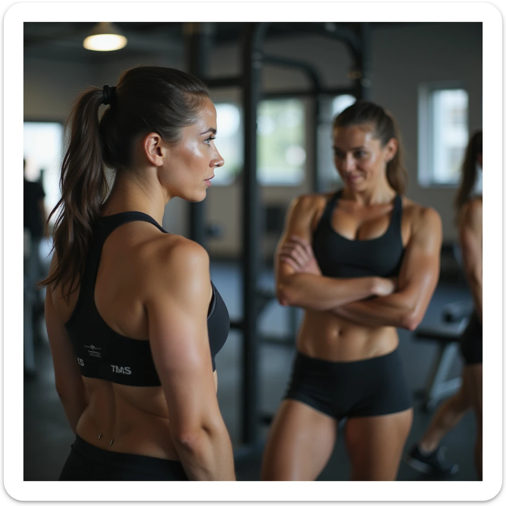 hyperrealistic 4K image of a woman looking at her arm muscles in the gym mirror with a proud expression, wearing sportswear, bright gym environment sticker