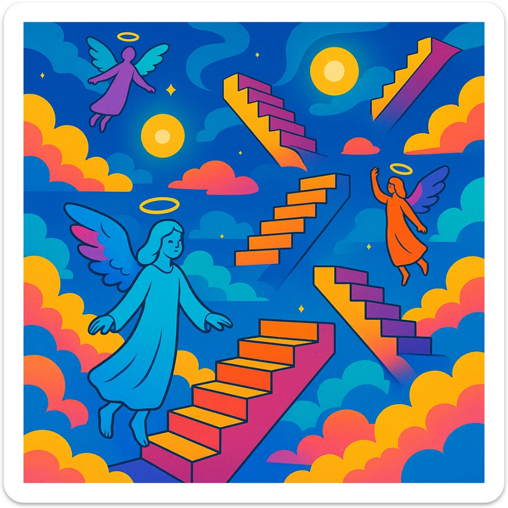 surreal heaven scene with giant staircases leading to nowhere, glowing orbs, ethereal beings, vibrant colorful style sticker