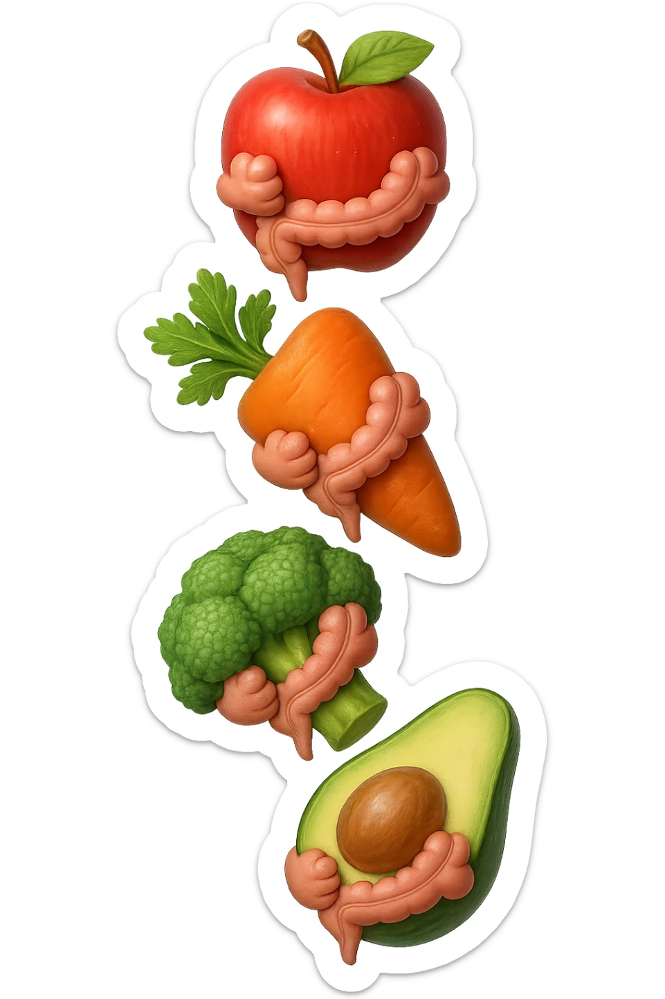 cibo sano fluttua in aria verticalmente stringendo piccoli colon umani, stile emoji iphone, iperrealistico 4k sticker