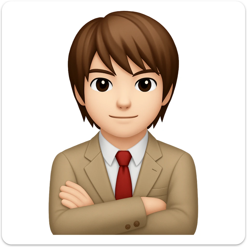 Create an image of Light Yagami from Death Note in the style of apple emojis. He has brown hair and is wearing a school uniform. He is standing with arms crossed and has a confident expression. sticker