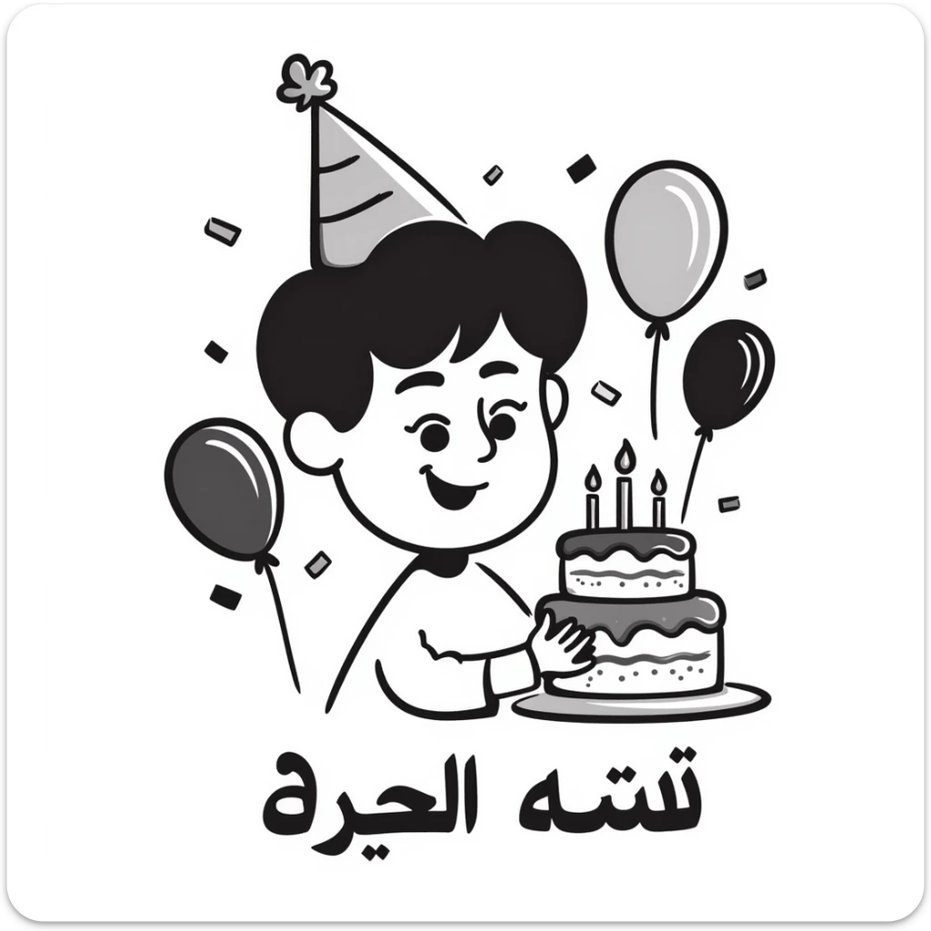 Extremely colorful and bright drawing of a cheerful boy with a birthday cake, rainbow colored decorations and party elements. At the bottom in large, bold, prominent Persian text write: "امیدرضا جان تولدت مبارک" sticker