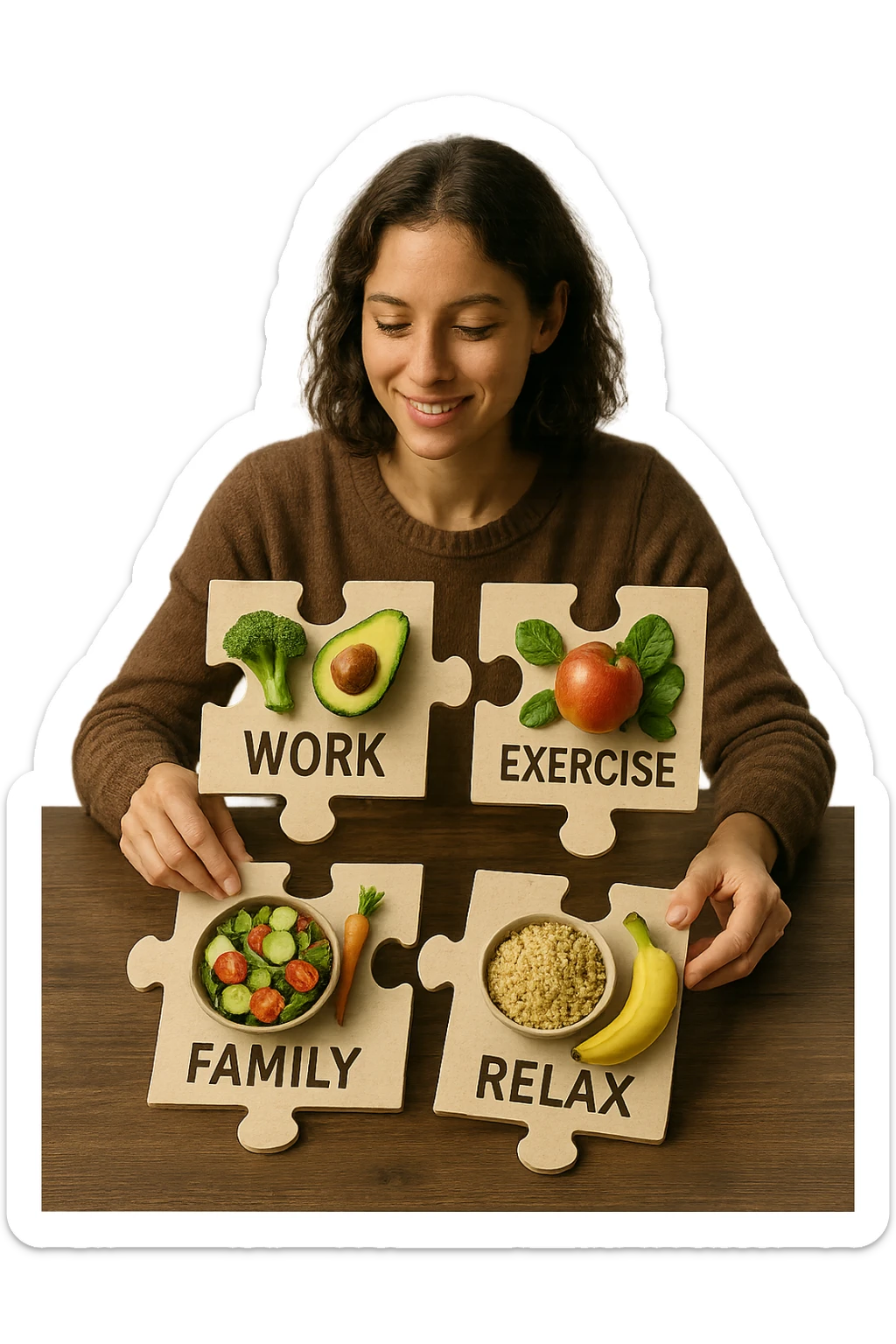 realistica cinematic photo a person is surrounded by puzzle pieces, each representing a different aspect of their life (Lavoro, Esercizio, Famiglia, Relax), and healthy foods are integrated into each piece. The person assembles the puzzle, creating a complete, personalized nutrition plan. The mood is uplifting and creative. in italiano sticker