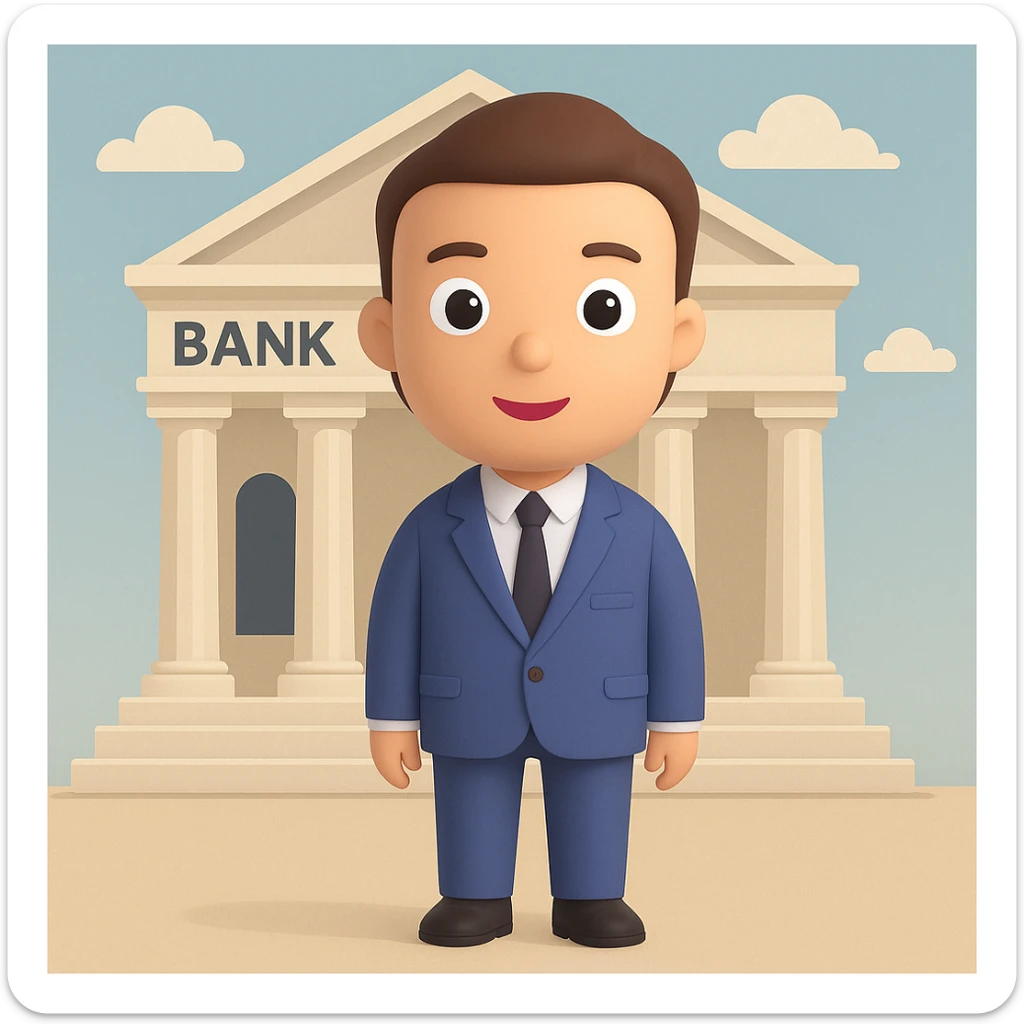 Add a bank building background to the bank manager in a general style, versatile and adaptable to any look. sticker