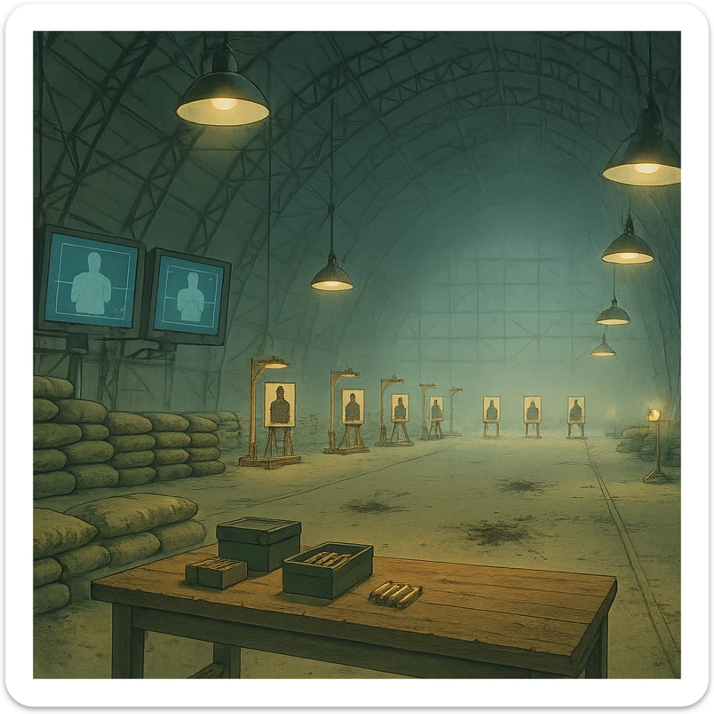 an indoor target range, inside a blimp hangar, monitor screens, sandbags, mechanical target stands with silhouette, overhead lights, blast marks on the floor, sandbags, firing range table set with ammo boxes, large work lamps, atmospheric perspective sticker