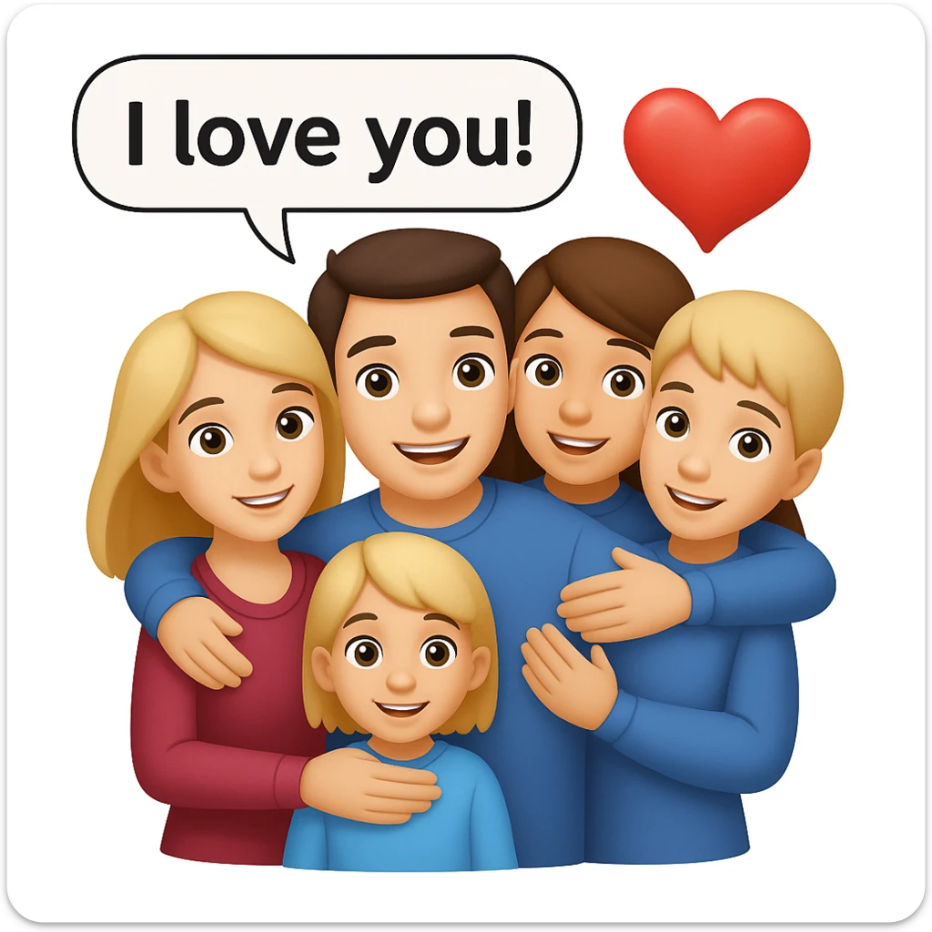 Add a speech bubble with the greeting 'I love you!' to the image, keeping the emoji style cheerful and expressive sticker