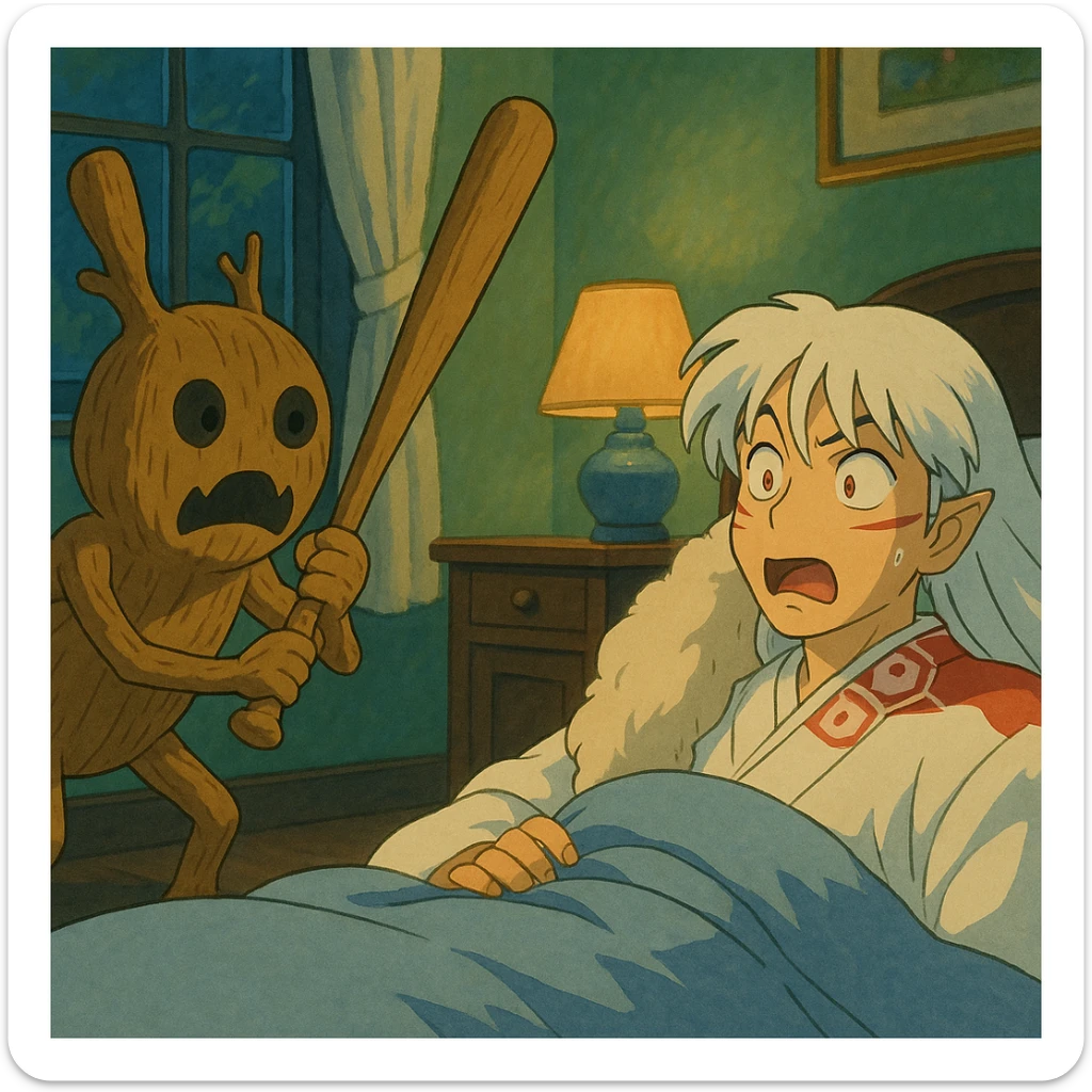 Wooden creature holding a baseball bat and scaring sesshomaru While he is sleeping We are shocked sticker