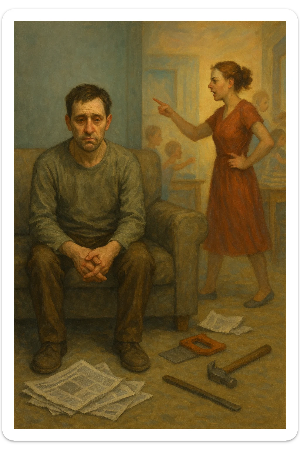 Uomo tra i 35 e i 45 anni, seduto in disparte sul divano con sguardo spento e postura chiusa, mentre la moglie, in piedi, gesticola con decisione e dirige la scena familiare (dando ordini ai figli o organizzando la casa). Intorno, simboli visivi della perdita di ruolo maschile: giornali accartocciati, strumenti da lavoro inutilizzati, l’uomo con vestiti trasandati o troppo neutri. La donna appare energica, determinata, mentre lui è passivo e disconnesso. Atmosfera domestica fredda o neutra. Colori sbiaditi attorno all’uomo, più vividi attorno alla donna. Stile realistico con tono simbolico. sticker