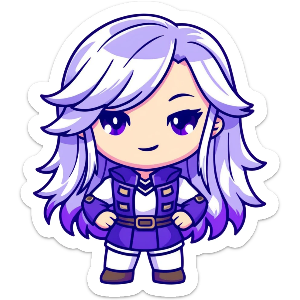 Chibi Sable Ward from Dead by Daylight with long white hair with purple streaks and fully purple eyes, detailed and expressive, cute exaggerated style with large expressive eyes and clear emotion sticker