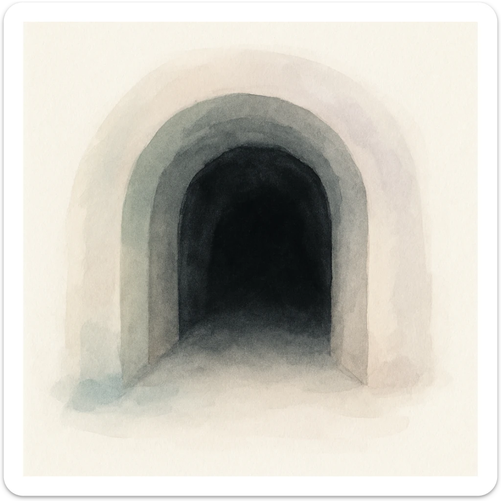 a dark tunnel, mysterious and shadowy, watercolor style, soft colors, fluid brush strokes sticker