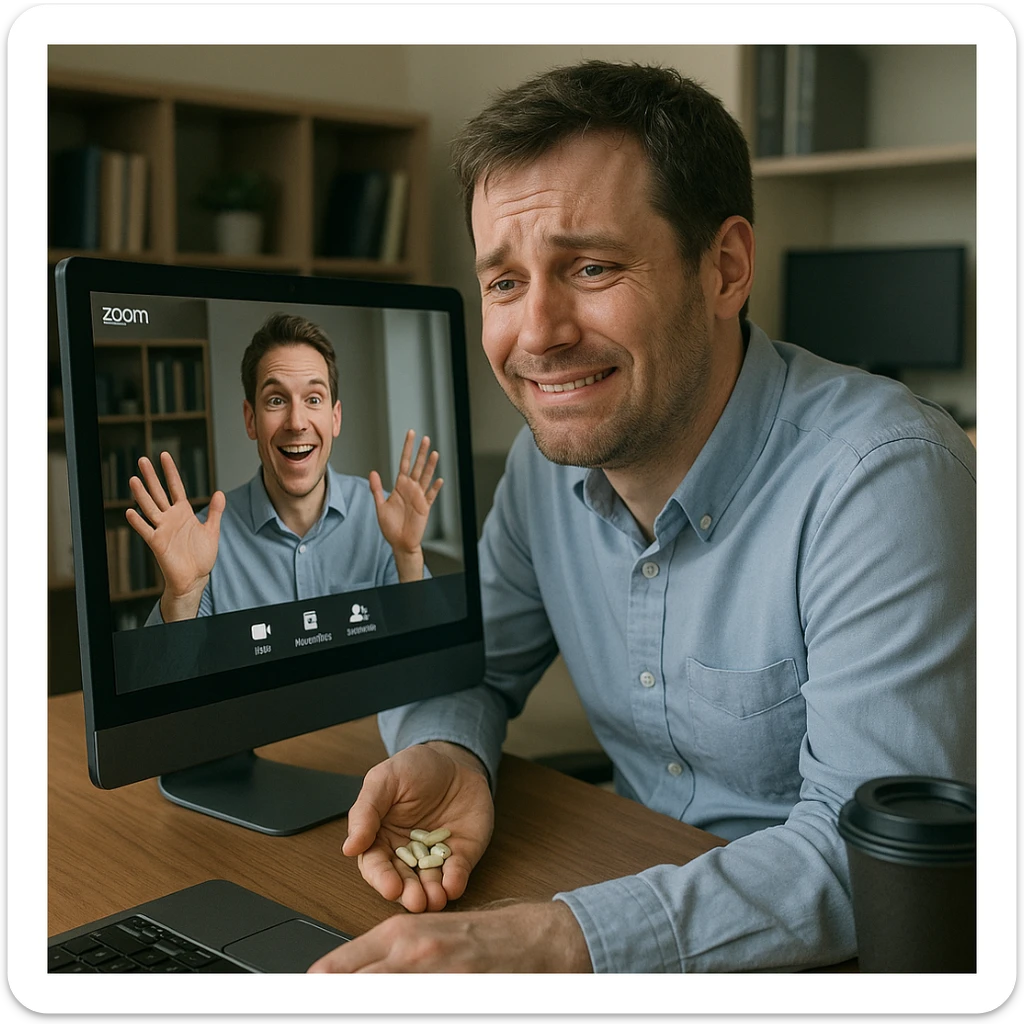 Man in his mid-30s, Zoom meeting, forced smile, hand under desk holding caffeine pills, screen reflection shows slouched posture, virtual avatar energetic, hyperrealistic 4K, office background sticker