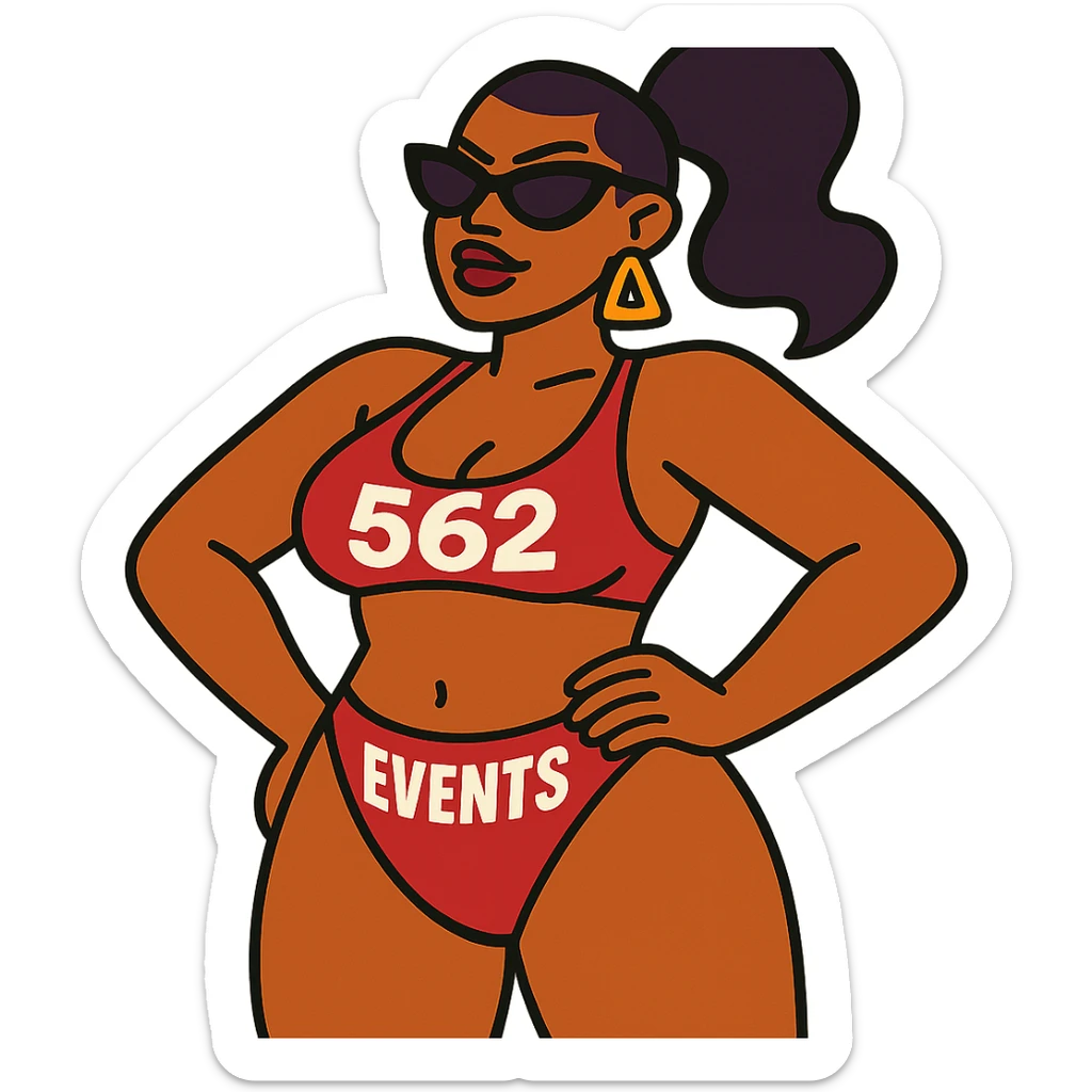 confident baddie character in a bikini with the words '562 Events' clearly displayed on the bikini, fun and bold style sticker