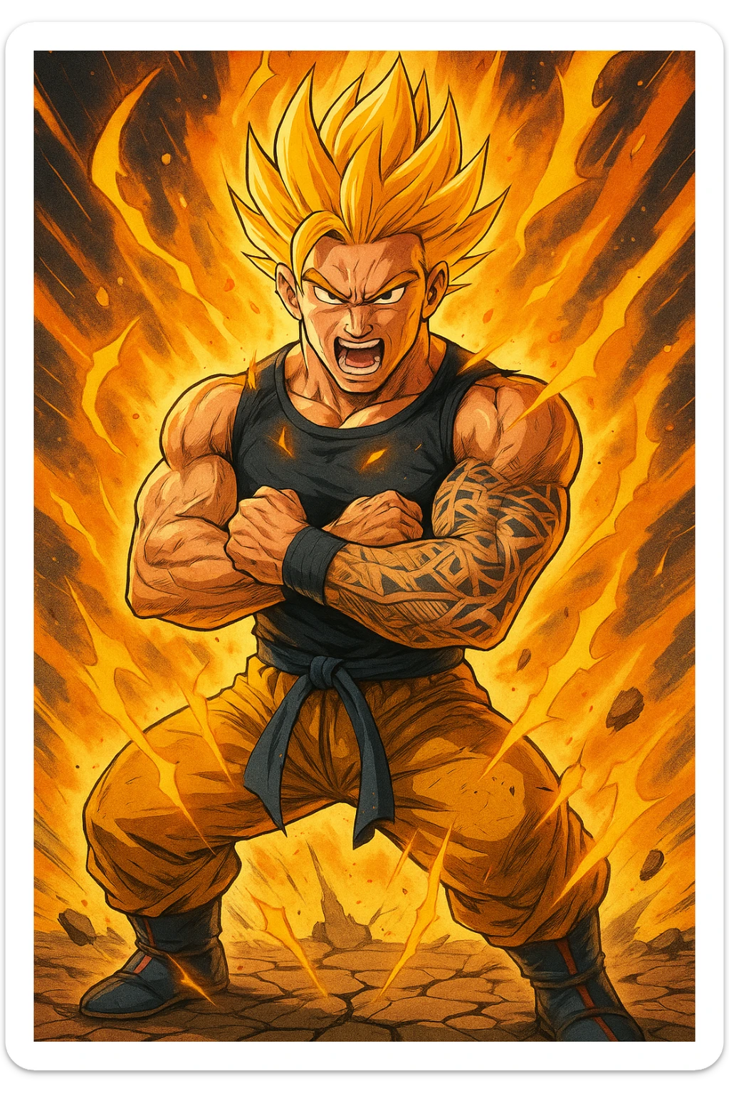 a strong, athletic man in training gear channels a burst of golden energy from his body, his muscles flexed and veins visible. His hair stands up in wild spikes, and his expression is fierce and focused. The aura around him pulses with power, and the ground beneath his feet cracks from the force. The style is bold and colorful, inspired by classic shonen anime. sticker