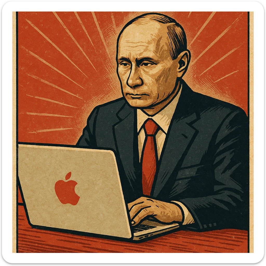 Vladimir Putin working on a MacBook in a vintage propaganda poster style sticker