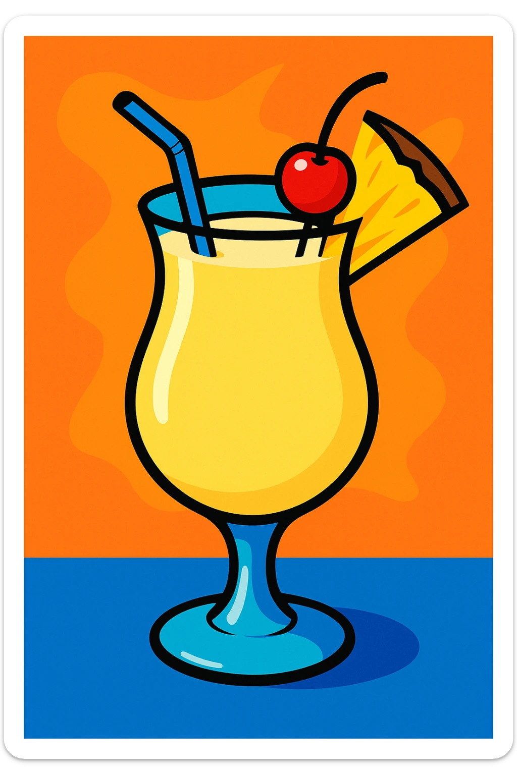 classic pina colada glass, creamy yellow drink, pineapple wedge and cherry garnish, refreshing look sticker