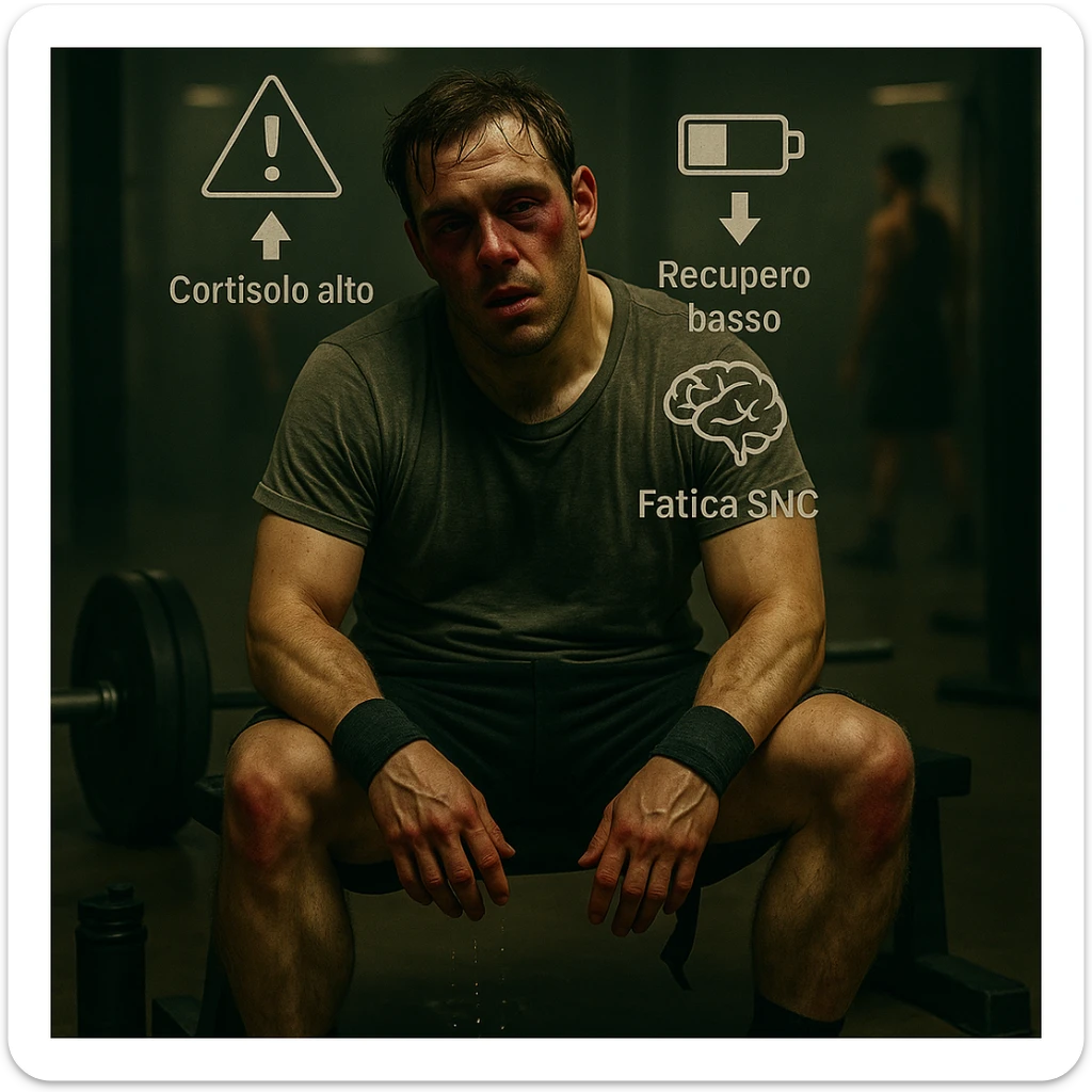 Add floating symbols above the head with Italian text: 'Cortisolo alto', 'Recupero basso', 'Fatica SNC'. The style should be raw cinematic with muted colors and dramatic lighting. The symbols must be clear and legible. sticker