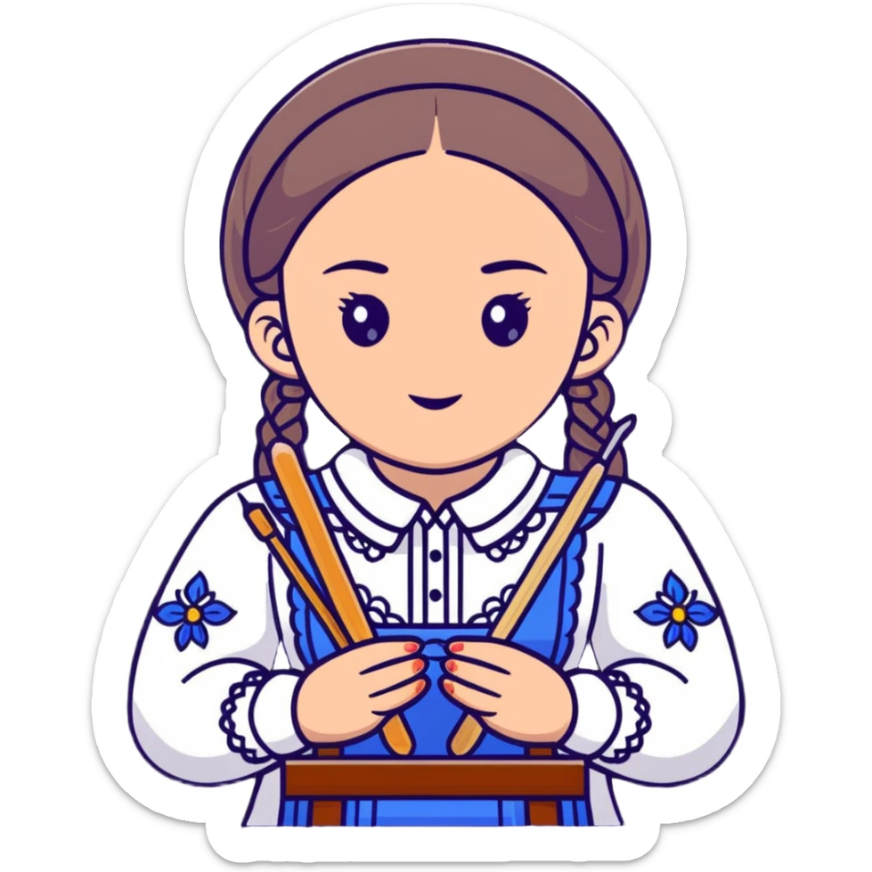 Ukrainian young girl in white embroidered traditional shirt holding needlework tools sticker