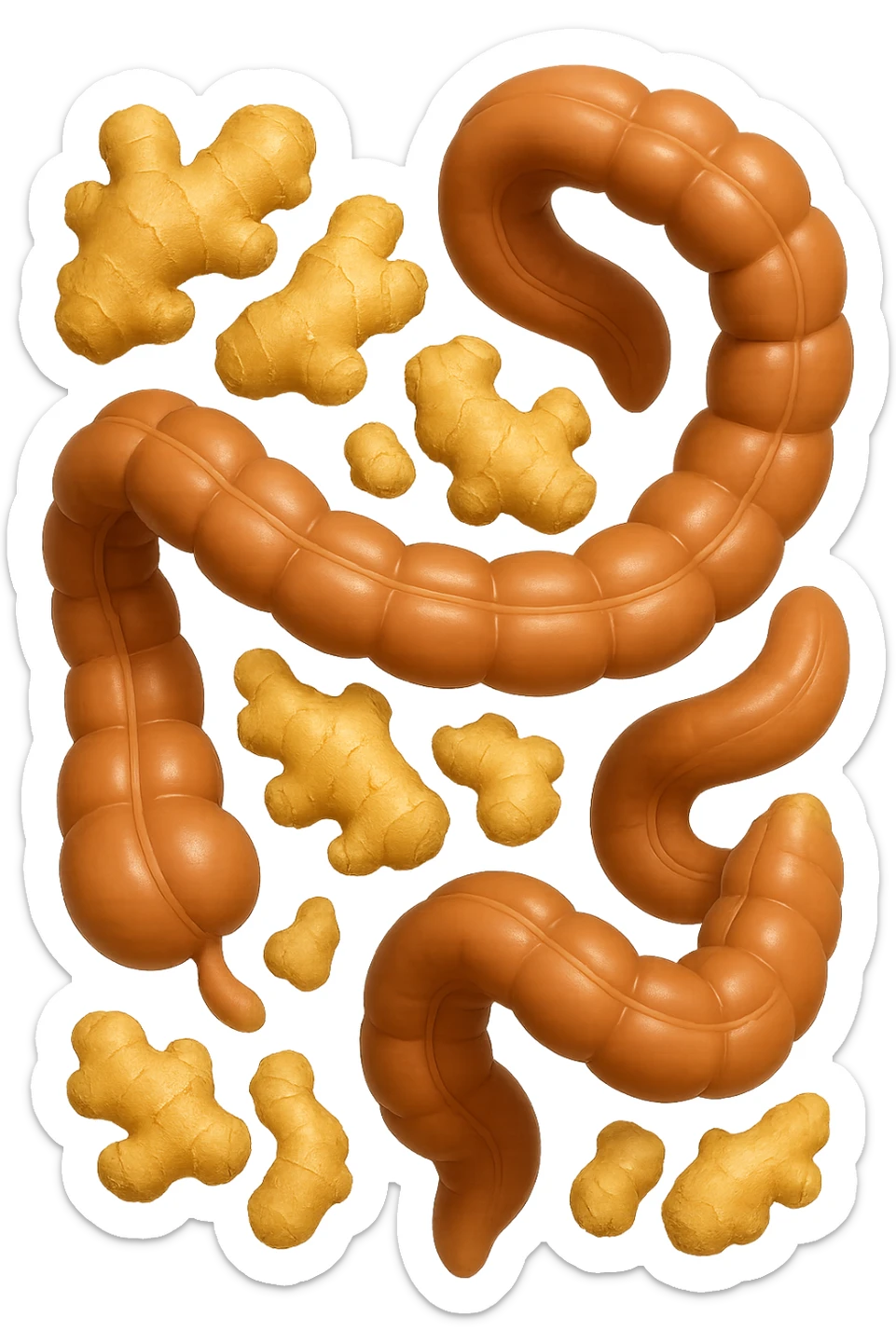 emoji stile iphone 3d di 6 piccoli pezzi di zenzero che fluttuano in aria con pezzi di colon arrotolati intorno, iperrealistico 4k sticker