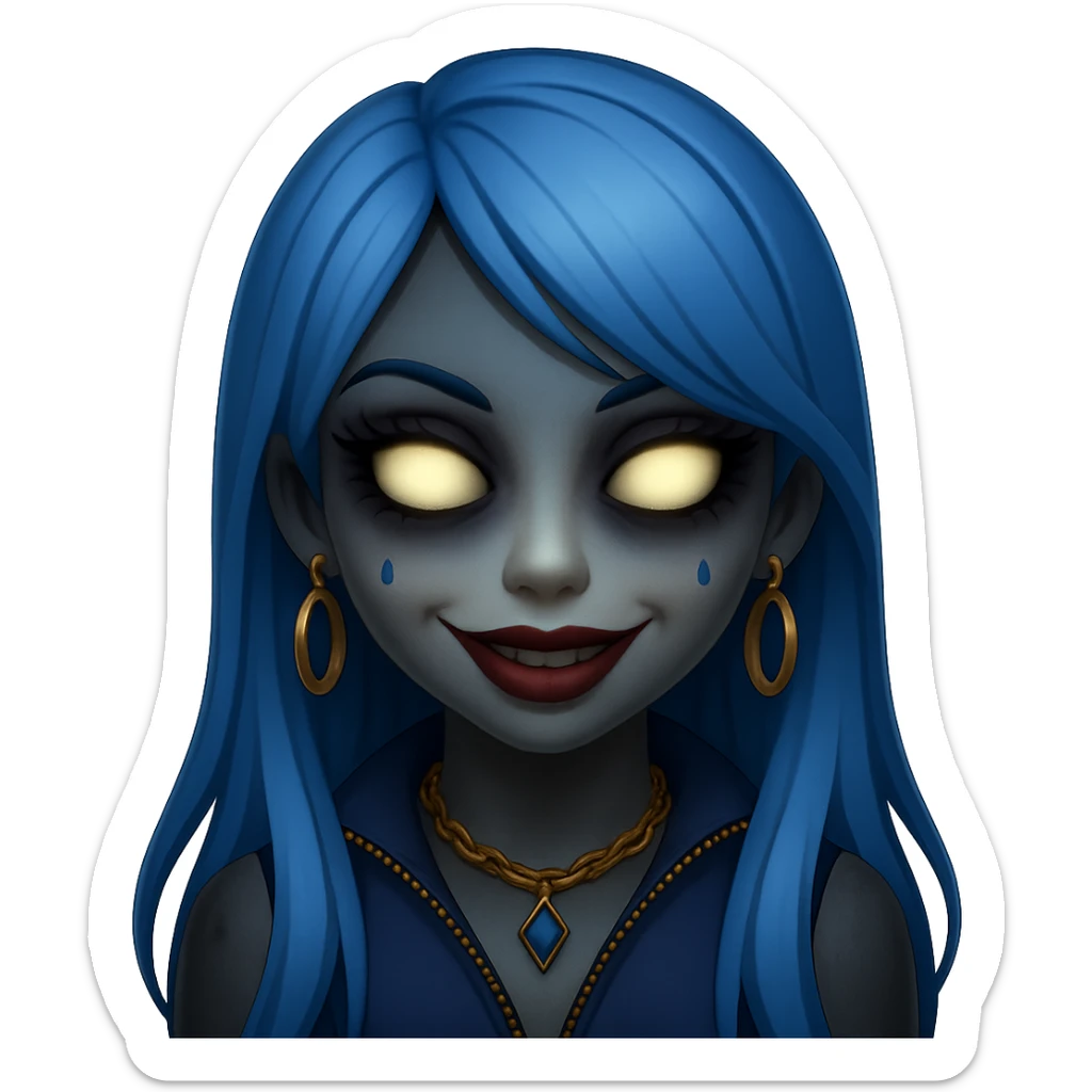 Make the character look creepy while keeping the gyaru style, blue hair, pretty makeup, and bratz baddie vibe. The style should resemble emoji style with no background. sticker