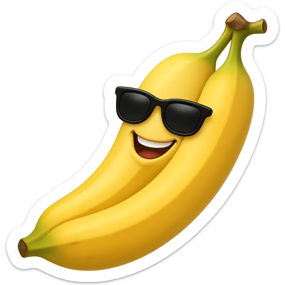 Add cool black sunglasses to the joyful banana, keep the original style and no background. sticker