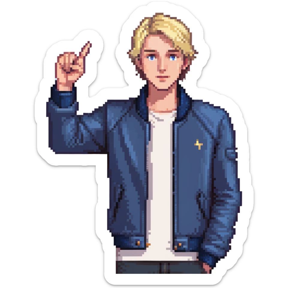 Flat pixel art, confident male leader, Caucasian, short neat blonde hair, sharp eyes, indigo jacket, one arm raised gicing direction, waist-up, front-facing sticker