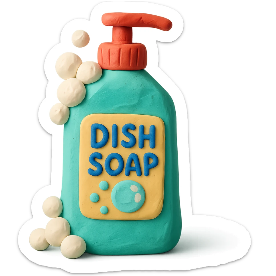 dish soap bottle in claymation style with bubbles and a playful label, pastel palette sticker