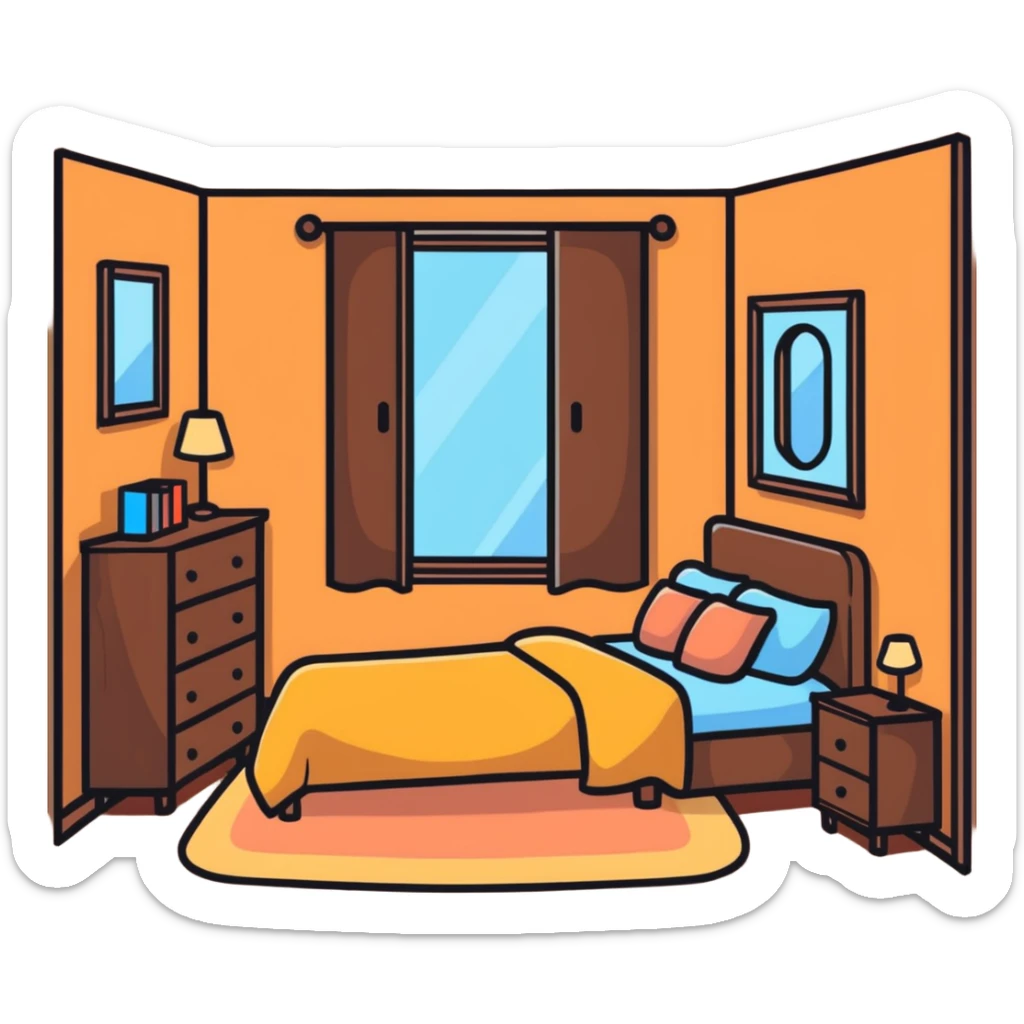 cute bedroom with cream colored walls, wooden bed frame, wooden shelves, fluffy rug, plants sticker