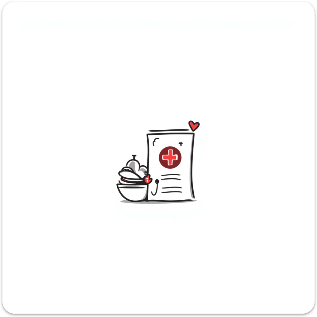 Hand-drawn intimate health clinic packet with red cross and small heart icon, sealed medical packet sticker