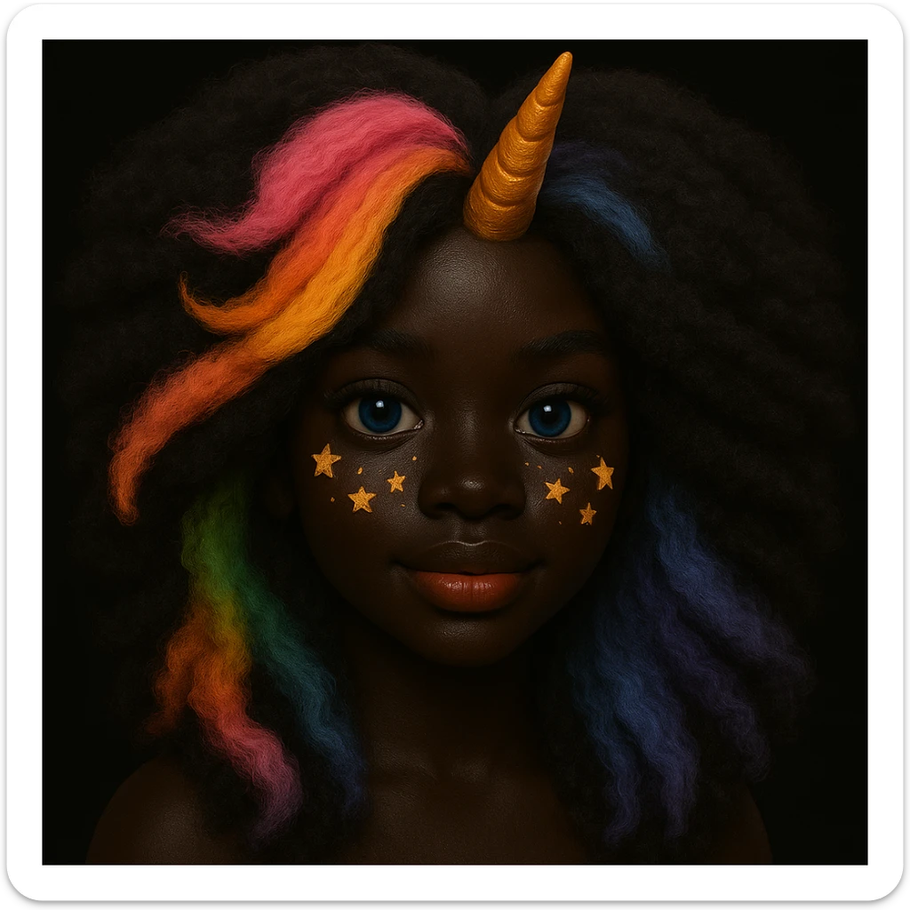 Change the character's skin to a deep black tone and give her fluffy, voluminous hair while keeping the rainbow hair, gold unicorn horn, blue eyes, and star freckles. Maintain the original style and details. sticker