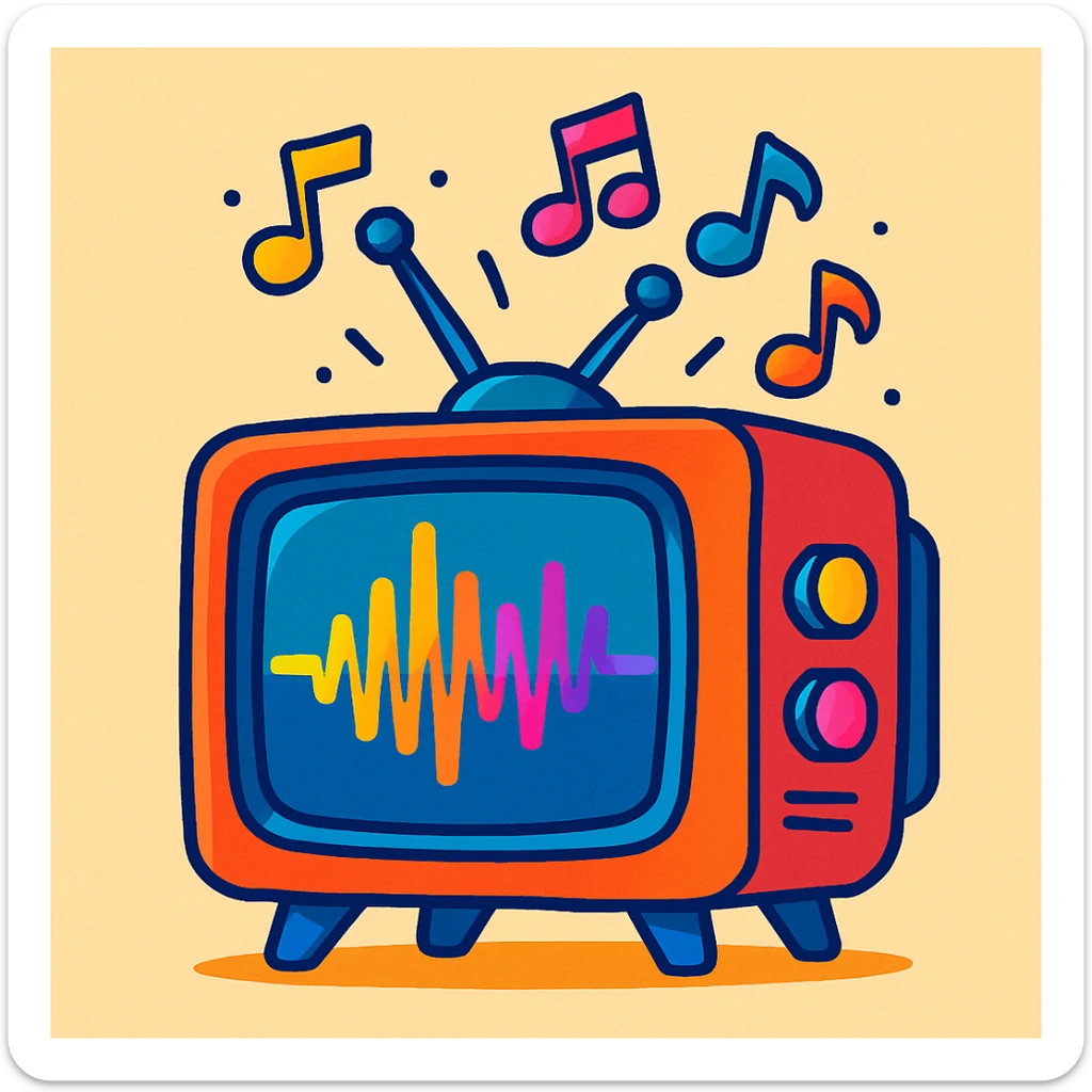 A retro CRT TV showing a sound wave, with animated music notes rising above it, vibrant and playful, vibrant toon style sticker