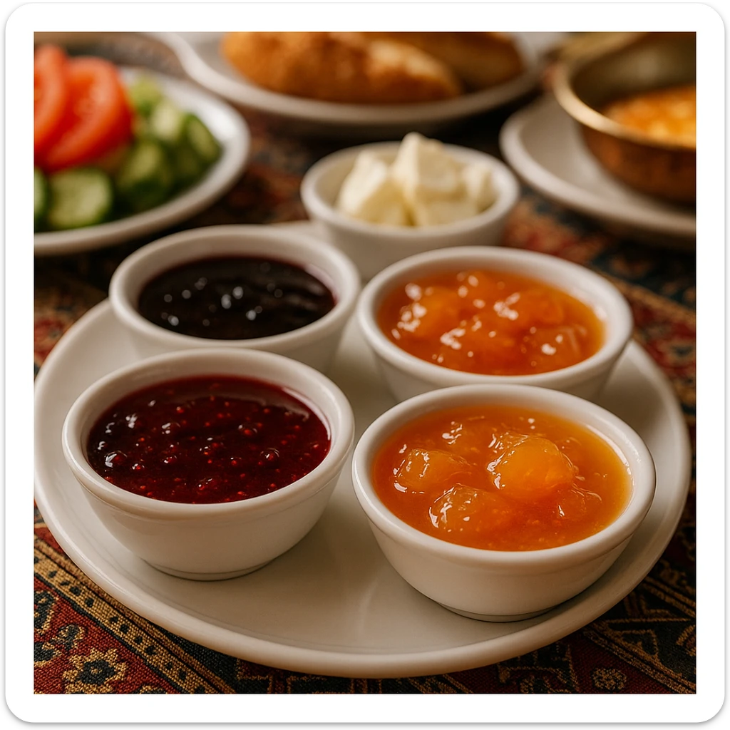 small bowls filled with colorful jams, a cheerful detail on a Turkish breakfast table sticker