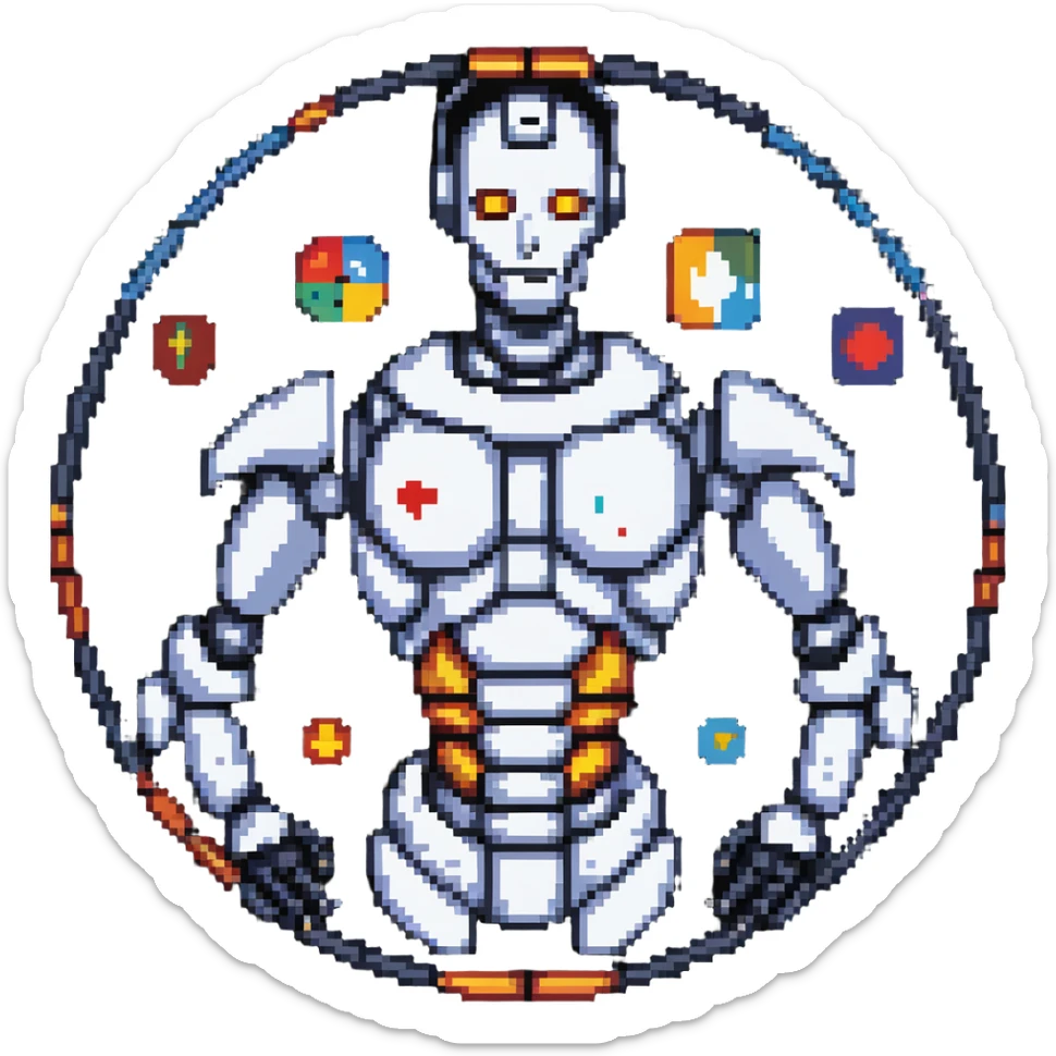 Pixel art of a robot man with a circular chest divided into four segments showing icons for visual art, music, theater, and literature sticker