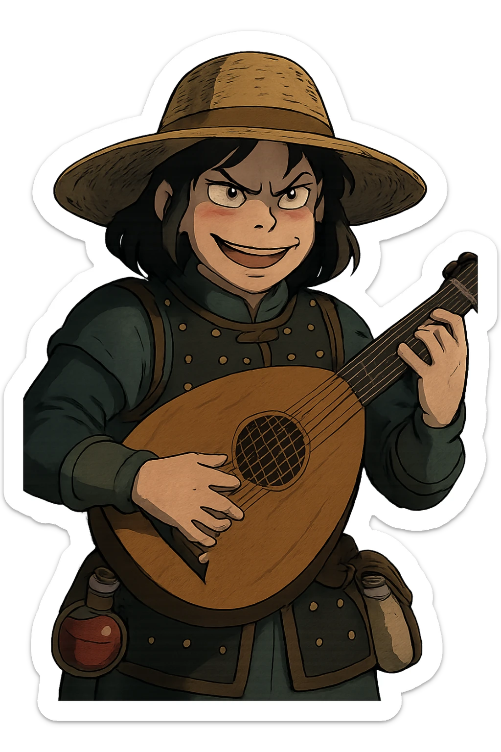 A female bard wearing brigandine armor with a sturdy straw hat, playing a fat medieval lute and singing, night time shadows, tool belt with red potion and bandages, portrait , mischievous grin, anger sticker
