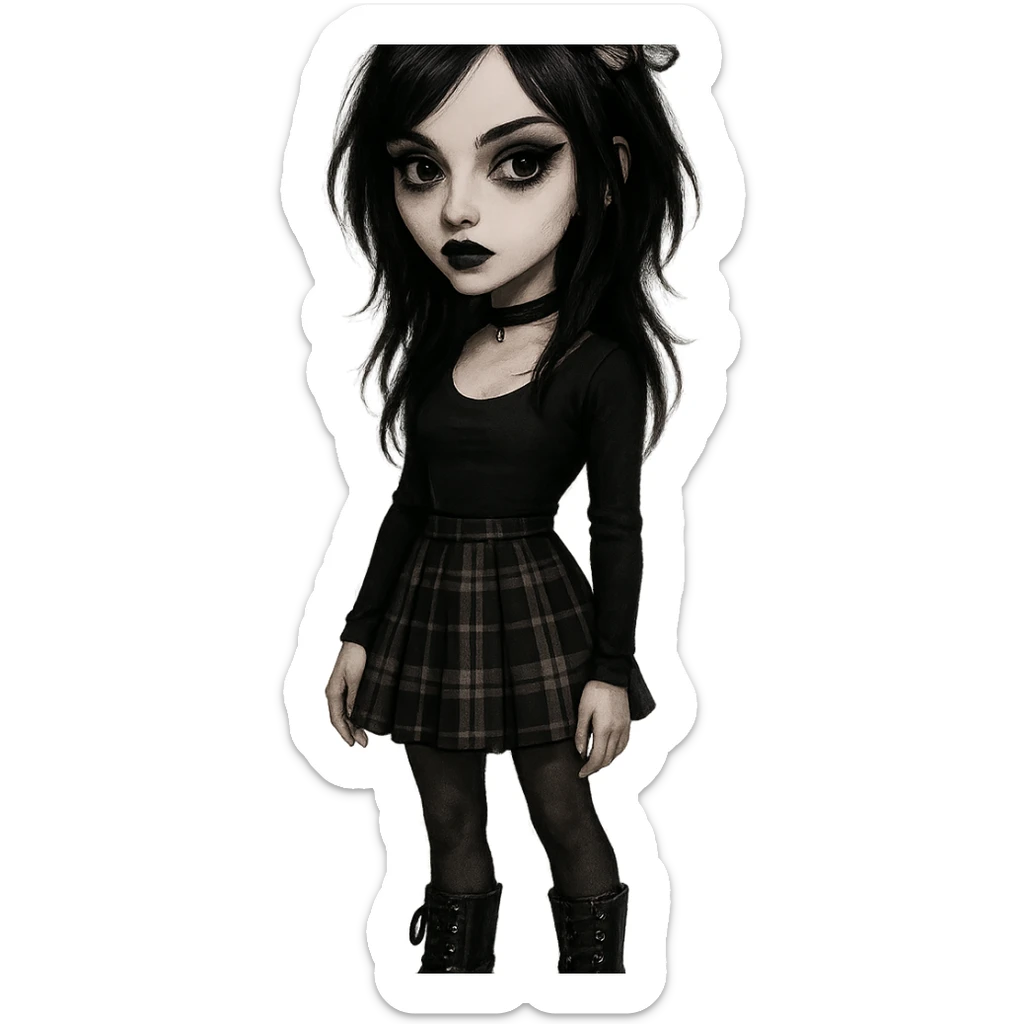 emo girl with heart-shaped face, plaid skirt, chunky boots, butterfly crown, mysterious and elegant sticker