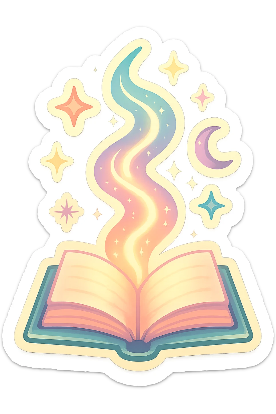 open book with whirlwind of light and magical symbols, retro stickers style, pastel palette #98B5BC, #B5B3C1, #C9A3C9, #E4C0CA, #F7DCD1, #F7C0AA, detailed shadows and highlights, soft lighting, transparent background, no decorative elements sticker