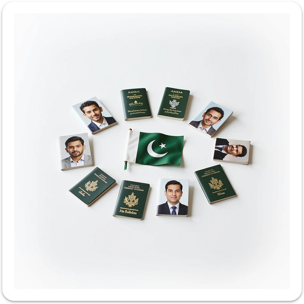 realistic thumbnail collage of Pakistani passport size photos arranged neatly on a white background with subtle green accent and small Pakistani flag, professional photo print out service sticker