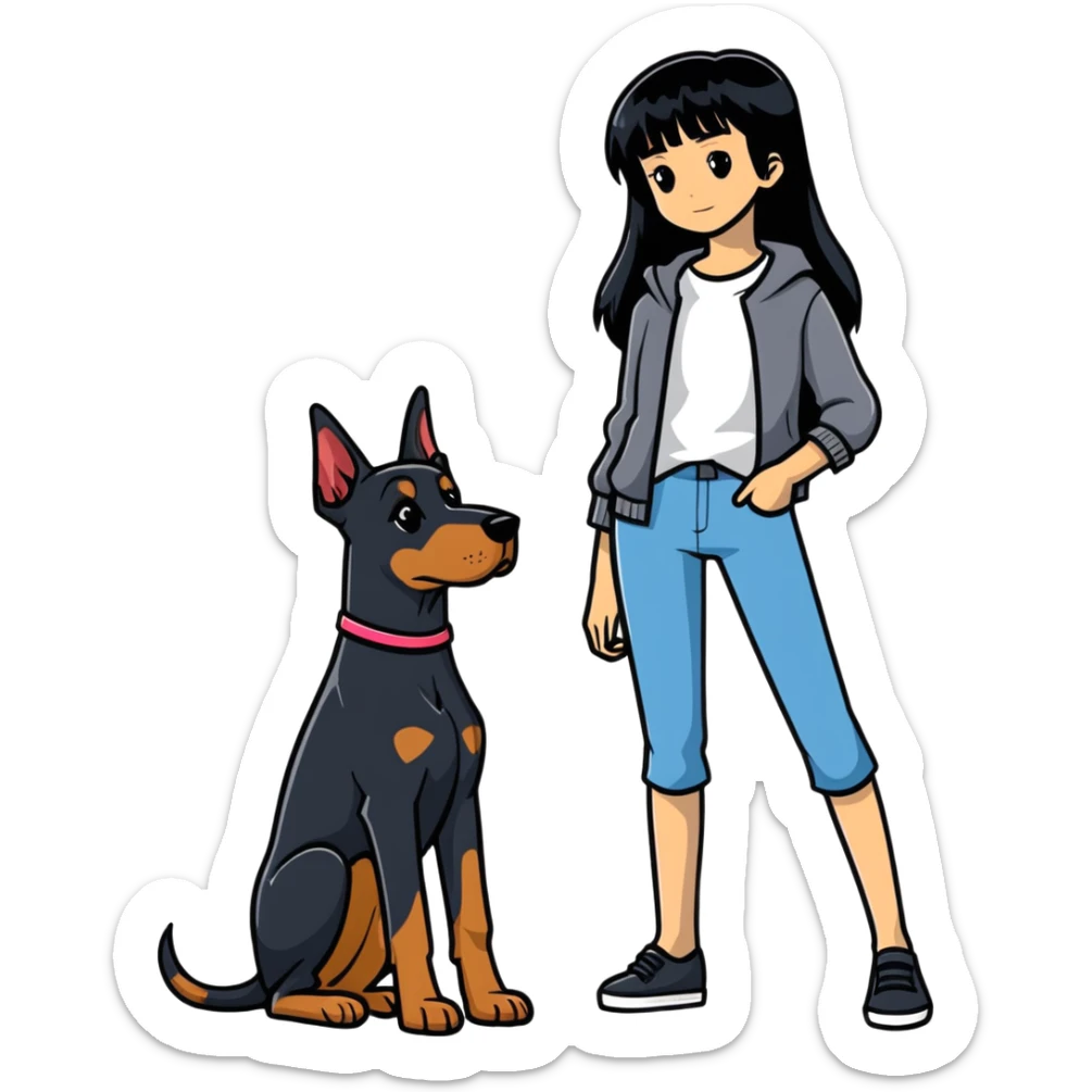 girl with long black hair and doberman dog sticker