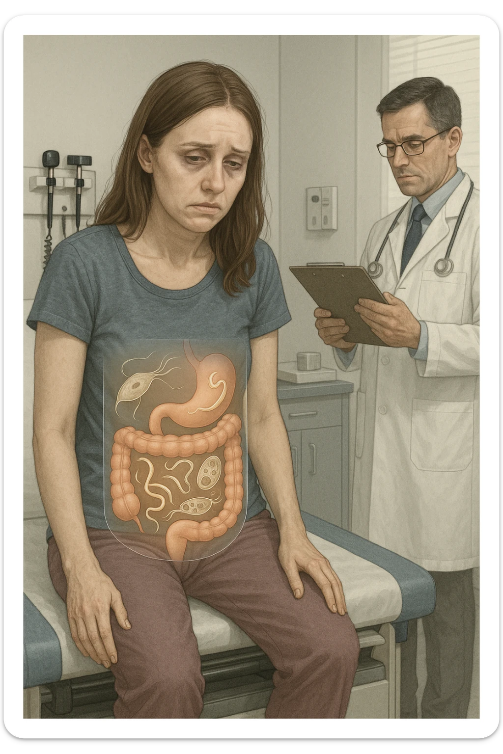 a woman in her 30s sits slumped on a doctor’s examination table, her face pale and eyes sunken with deep fatigue. A transparent overlay on her abdomen reveals stylized images of internal parasites, such as worms or protozoa, inside her digestive tract. The doctor stands nearby, reviewing medical charts. The mood is clinical and educational. sticker