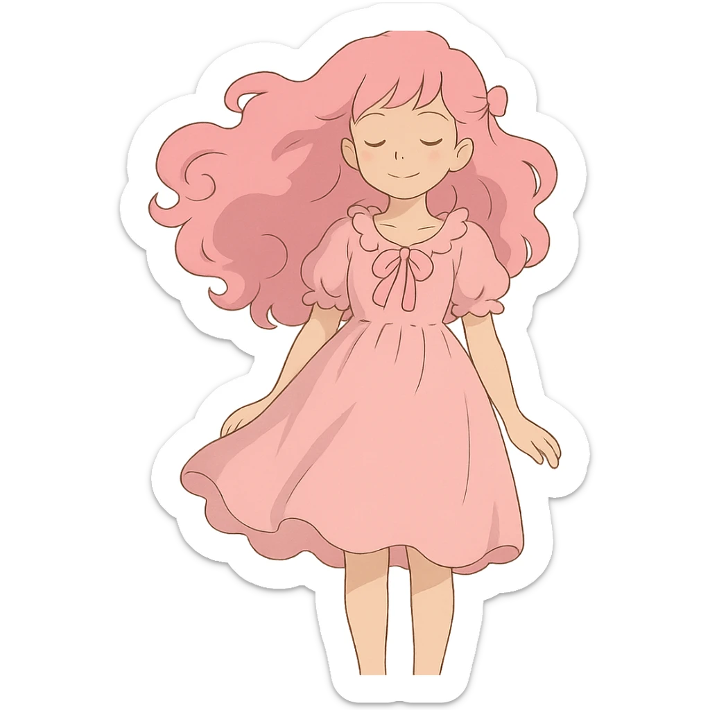 pink girly girl dreamy and whimsical in ghibli style sticker